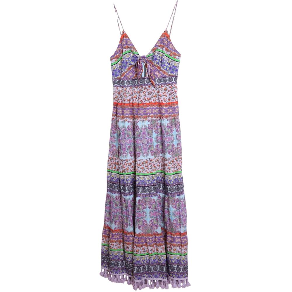 ALICE + OLIVIA Minka Tassel Fringe Maxi Dress Ritzy Multi Tie Front Women's 8 - Picture 2 of 16